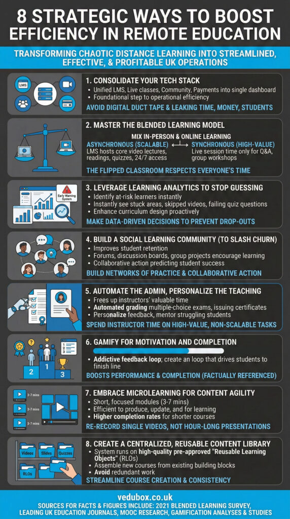 An infographic summarizing the 8 moethods to increase remote education efficiency