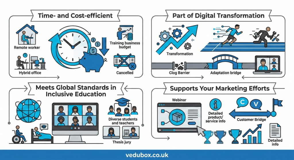An illustration showing four benefits of video conferencing