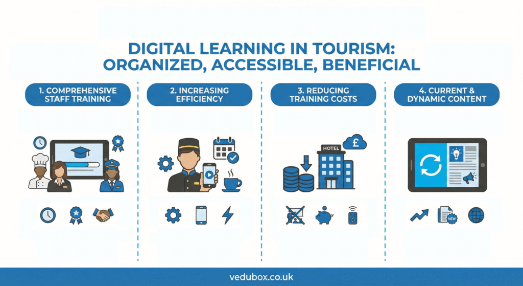 An illustration showing images related to the subheading of the section about hotel training vowth vedubox