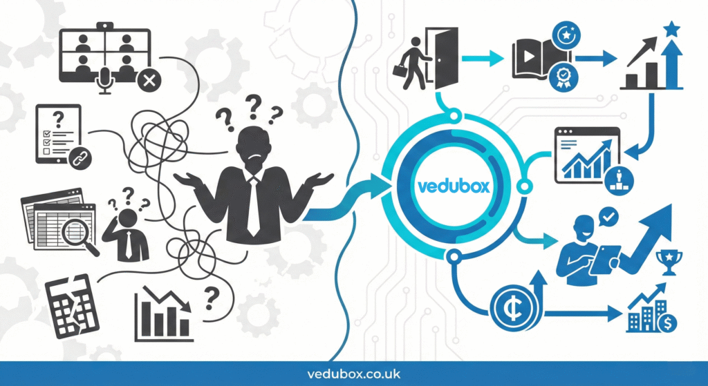 The illustration shows how Vedubox streamlines and facilitates employee training with a before-after approach