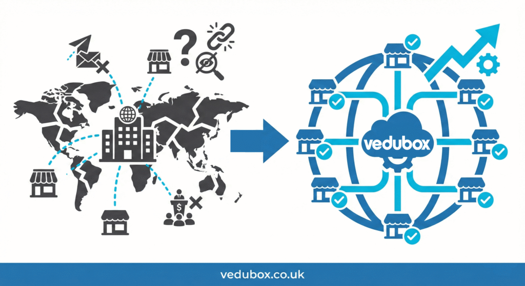 The illustration shows how Vedubox consolidates franchise branch training to maintain the same level of quality