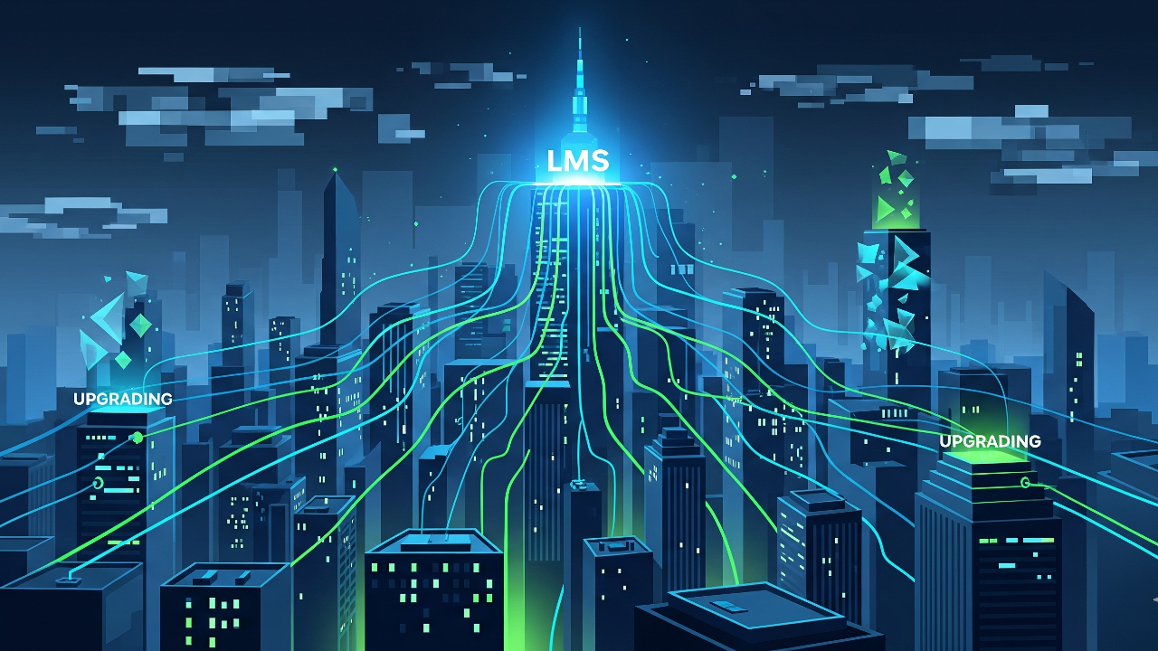 A dynamic, stylized visual of a modern city at night.