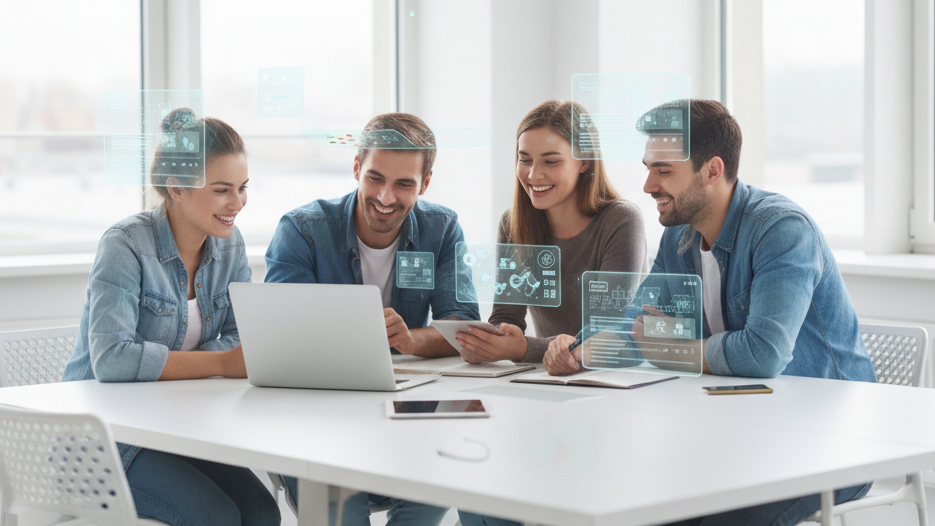 four people sitting at a desk looking at a laptop and mobile devices